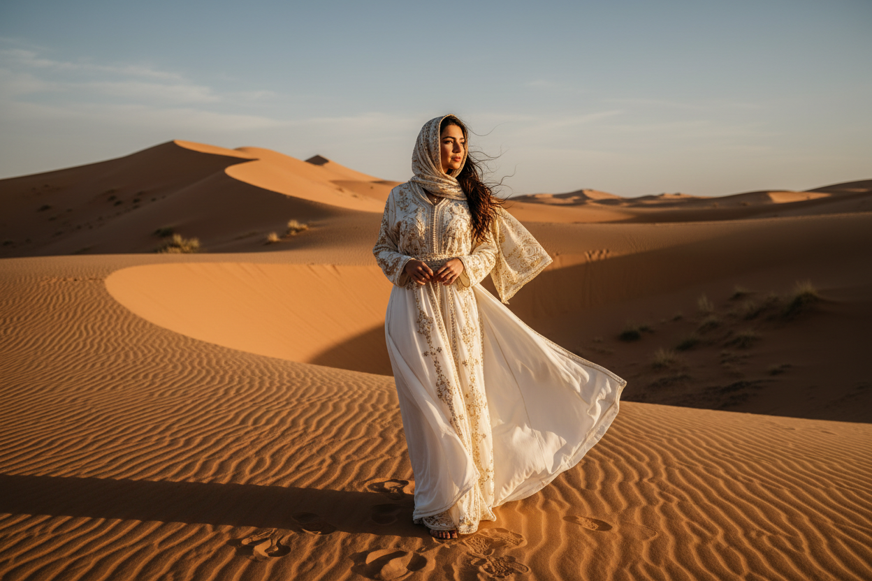 A Moroccan woman standing in the Sahara desert, wearing traditional Moroccan clothing (djellaba or kaftan), elegant and detailed. Warm golden desert lighting, soft shadows, natural wind in the fabric. Realistic style, high-quality photography, detailed textures, no text, no logos, no writing, no branding. Majestic dunes in the background, calm and cinematic atmosphere.